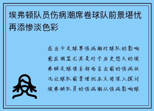 埃弗顿队员伤病潮席卷球队前景堪忧再添惨淡色彩