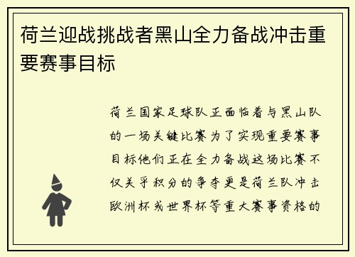 荷兰迎战挑战者黑山全力备战冲击重要赛事目标