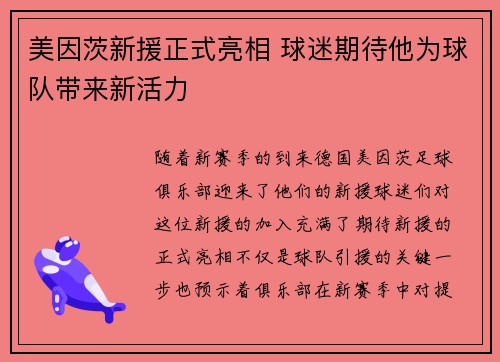 美因茨新援正式亮相 球迷期待他为球队带来新活力