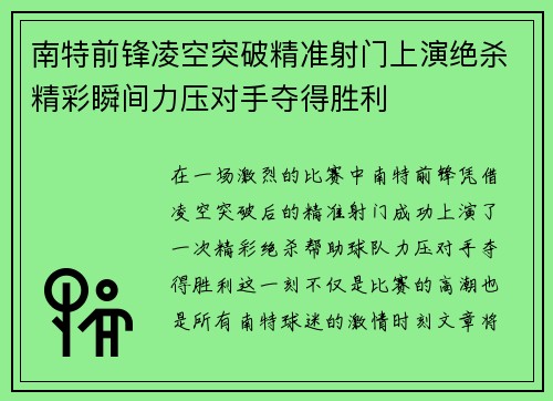 南特前锋凌空突破精准射门上演绝杀精彩瞬间力压对手夺得胜利