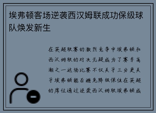 埃弗顿客场逆袭西汉姆联成功保级球队焕发新生