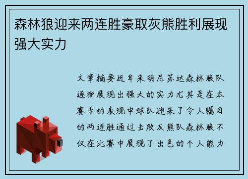 森林狼迎来两连胜豪取灰熊胜利展现强大实力