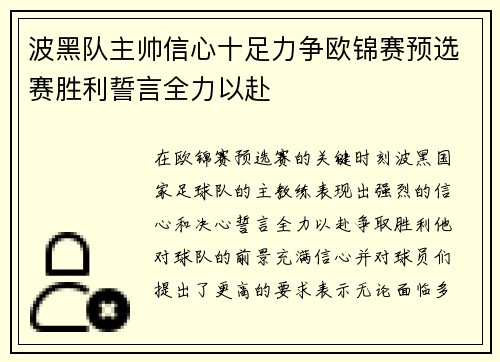 波黑队主帅信心十足力争欧锦赛预选赛胜利誓言全力以赴