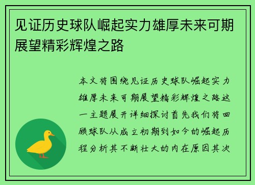 见证历史球队崛起实力雄厚未来可期展望精彩辉煌之路