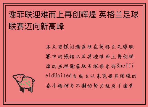 谢菲联迎难而上再创辉煌 英格兰足球联赛迈向新高峰
