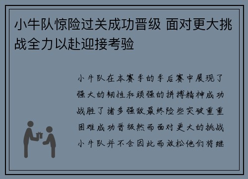 小牛队惊险过关成功晋级 面对更大挑战全力以赴迎接考验