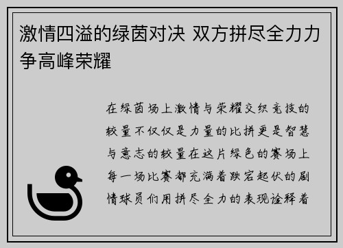 激情四溢的绿茵对决 双方拼尽全力力争高峰荣耀